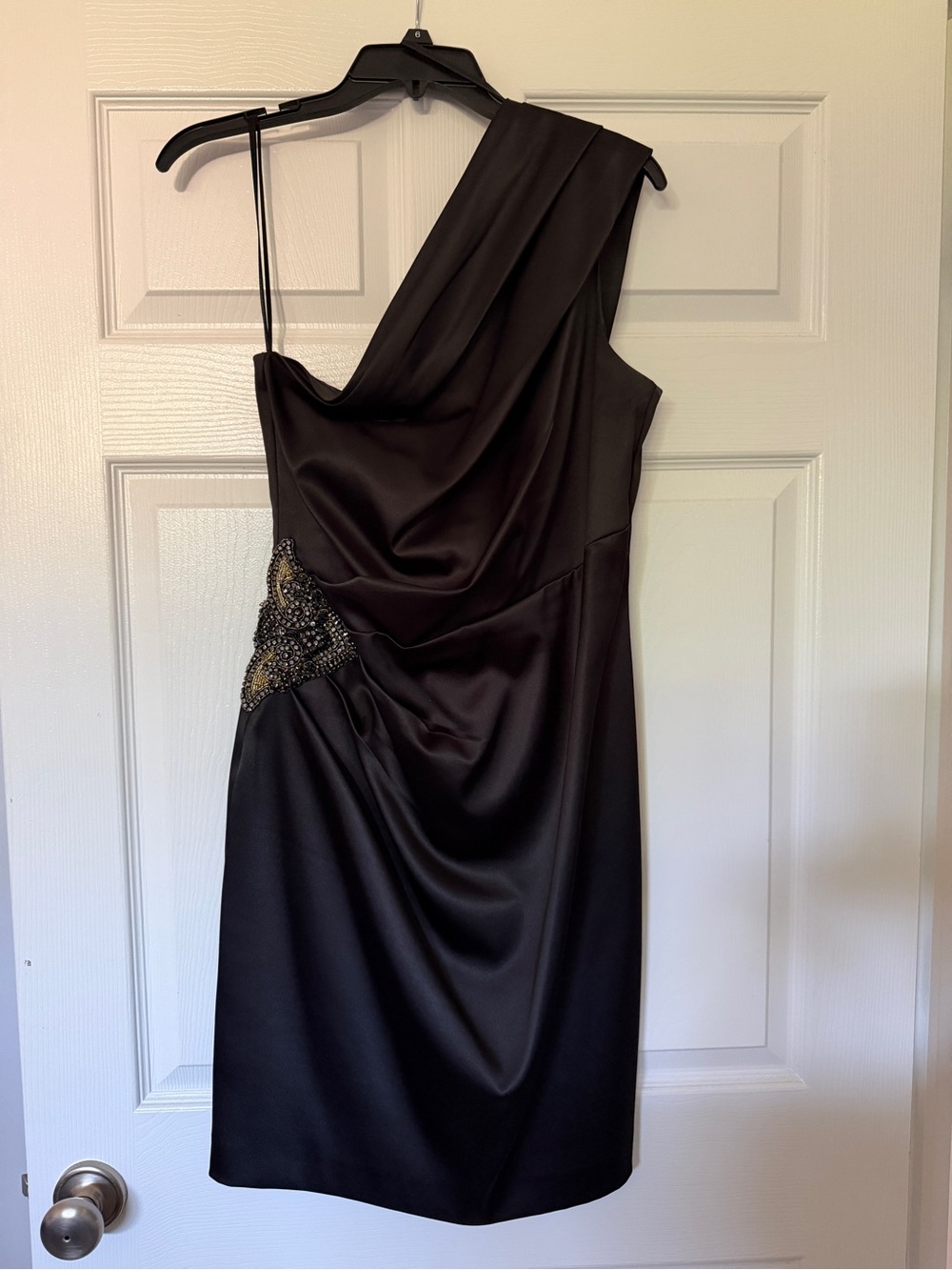 Eliza J Black One-Shoulder Cocktail Dress with Beaded Waist